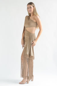 Fashion Styled Vestido asimétrico flecos glitter Dorado