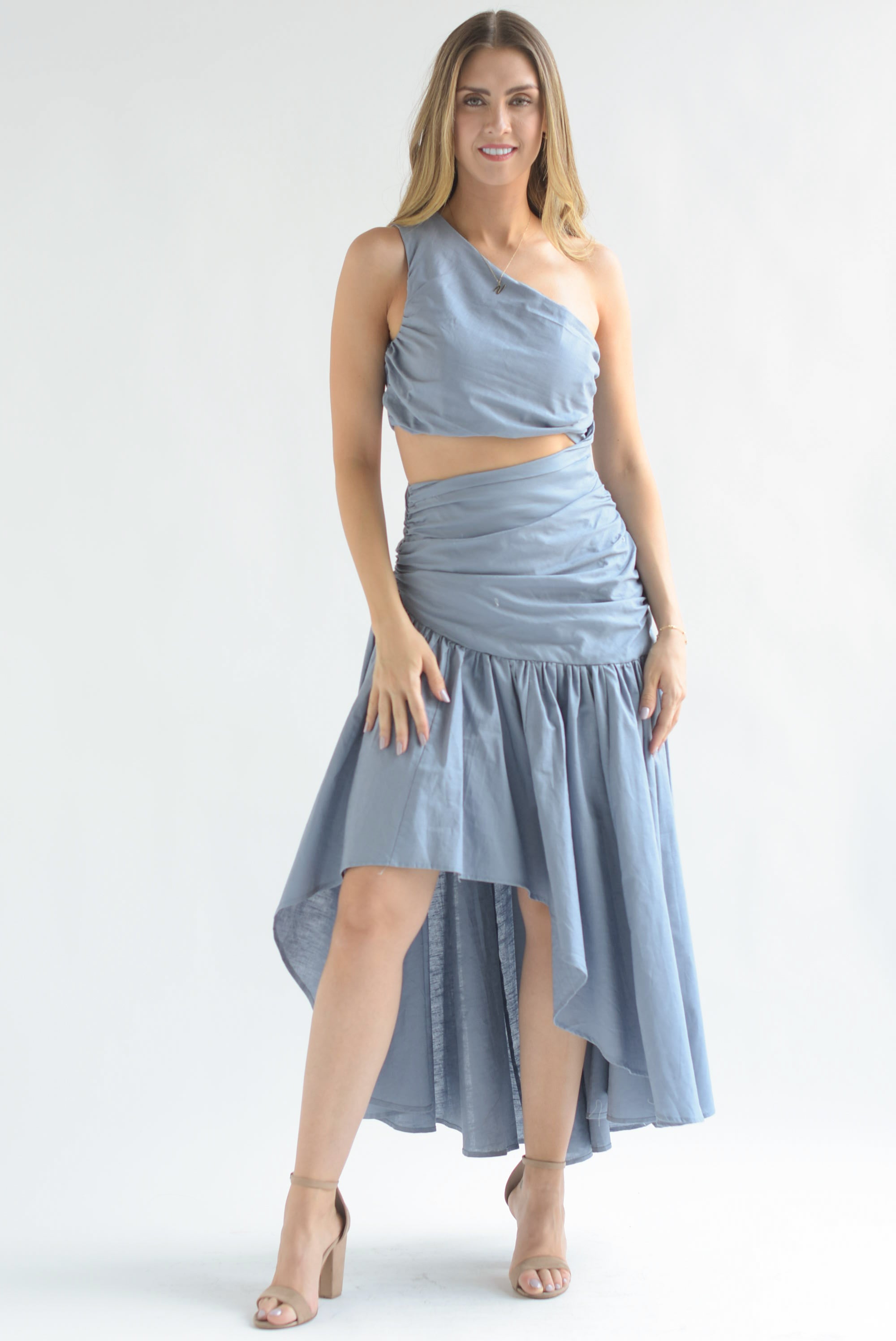 Vestido asimétrico drapeado Denim Blue