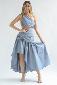 Fashion Styled Vestido asimétrico drapeado Denim Blue