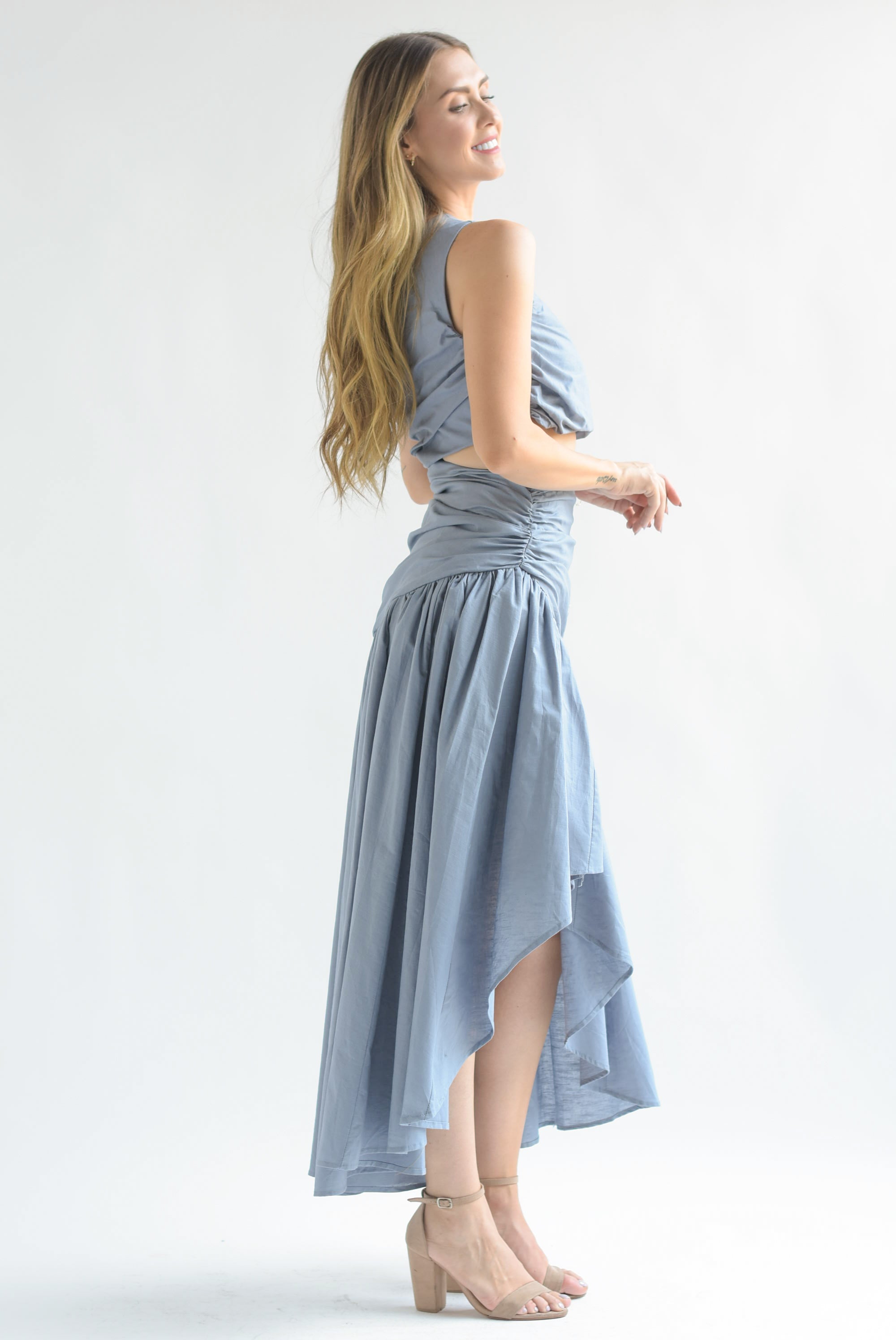 Vestido asimétrico drapeado Denim Blue