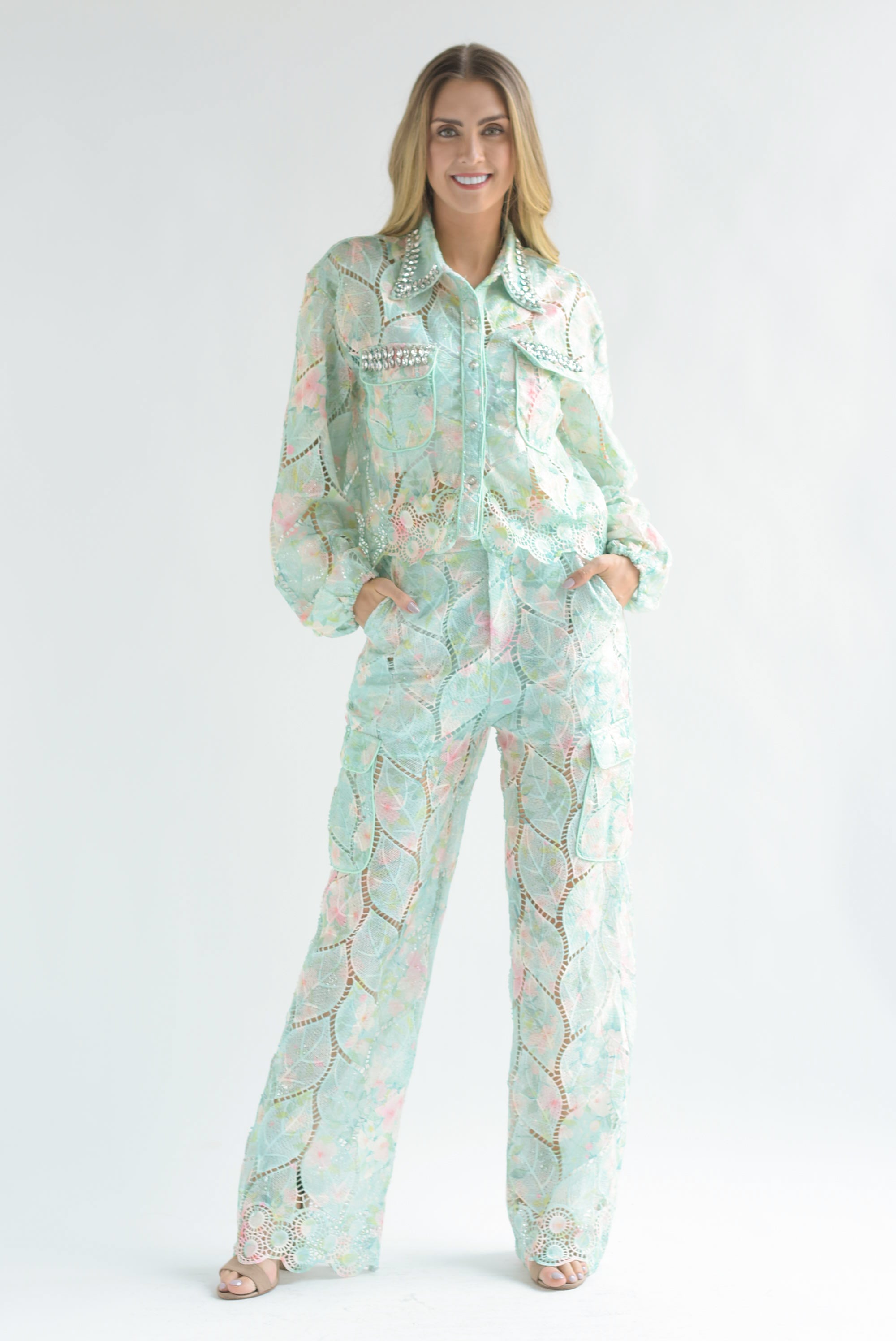 Set Pantalón y Blusa joya guipur Pastel