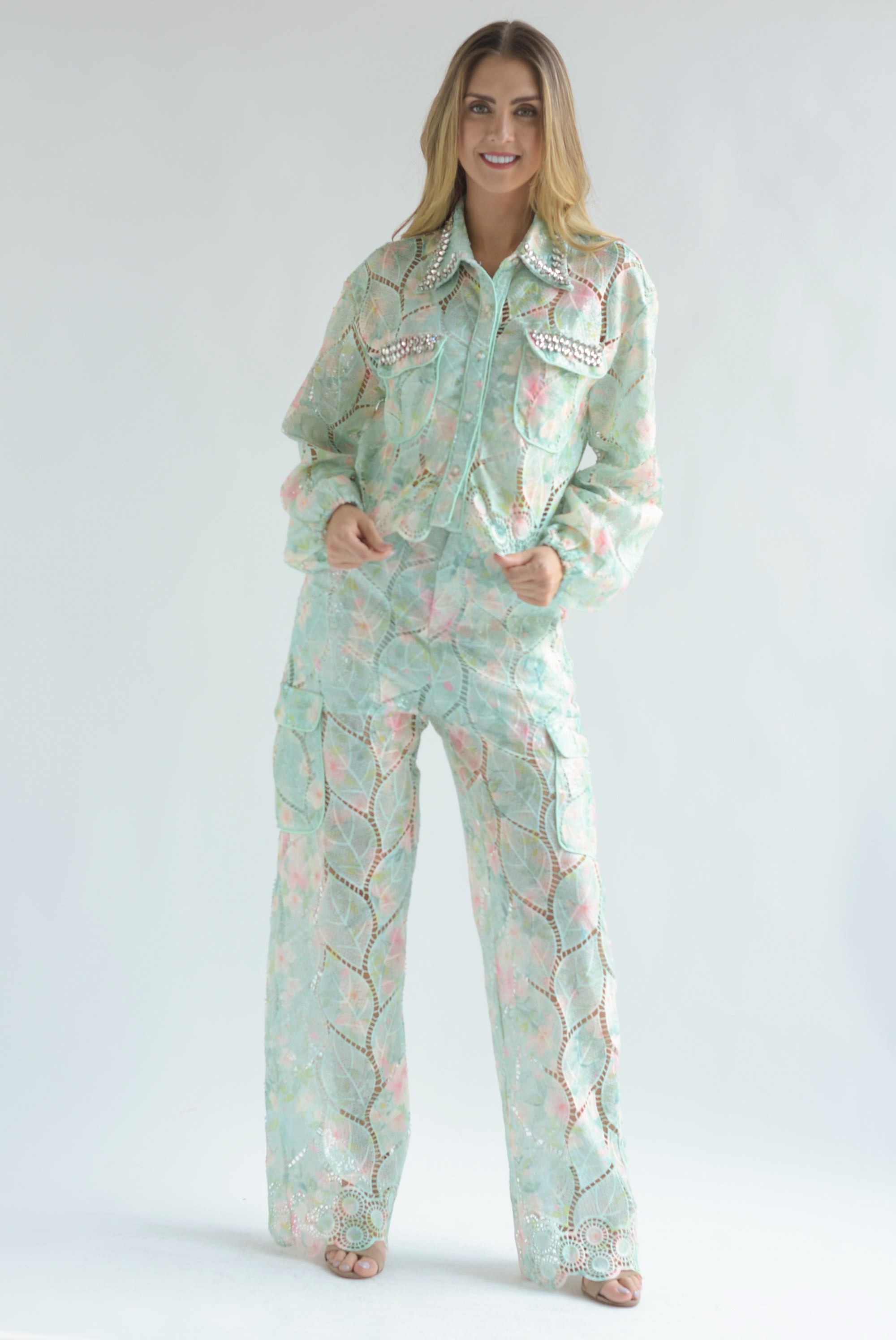 Set Pantalón y Blusa joya guipur Pastel