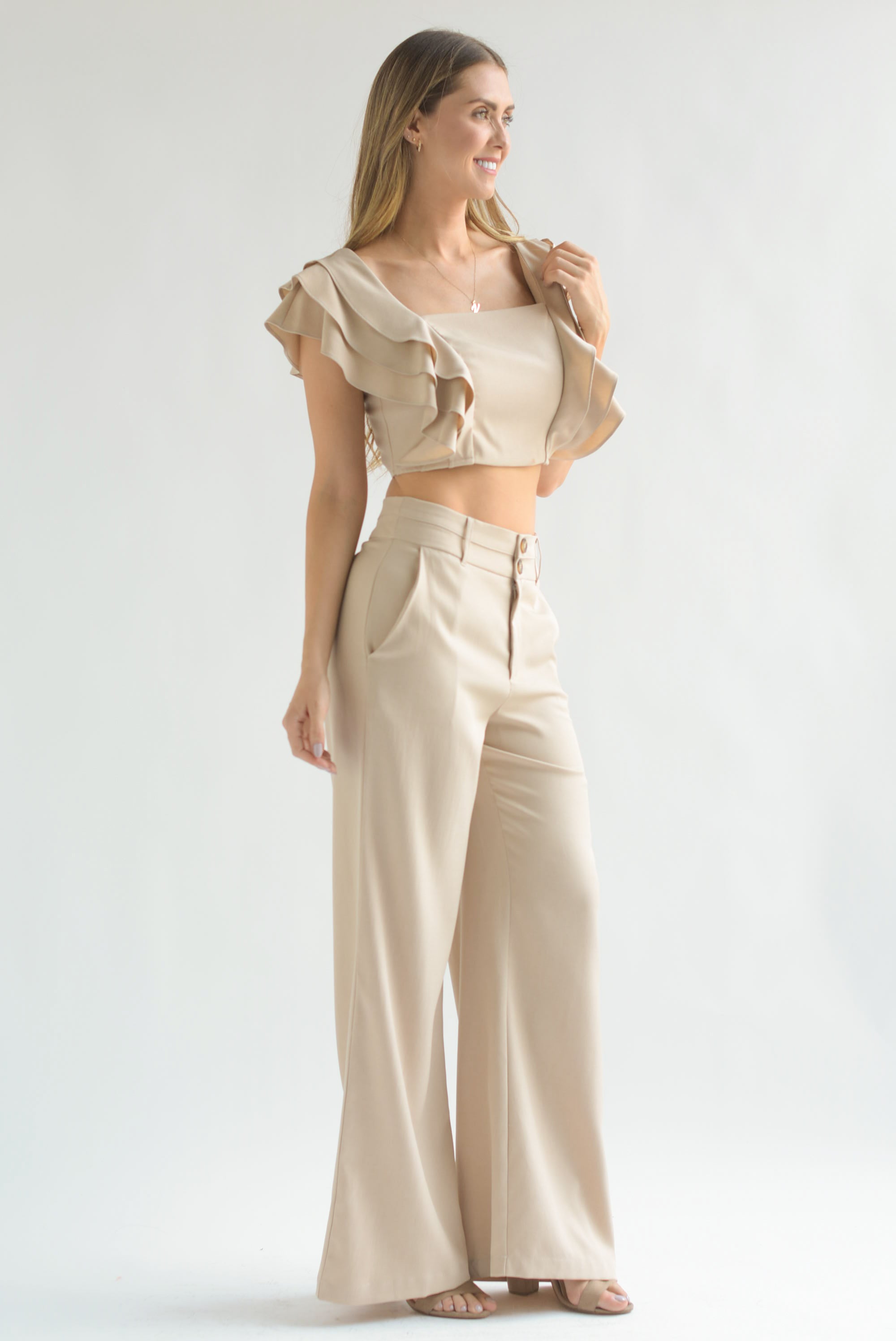 Set Pantalón y Blusa tirante olanes Kaki