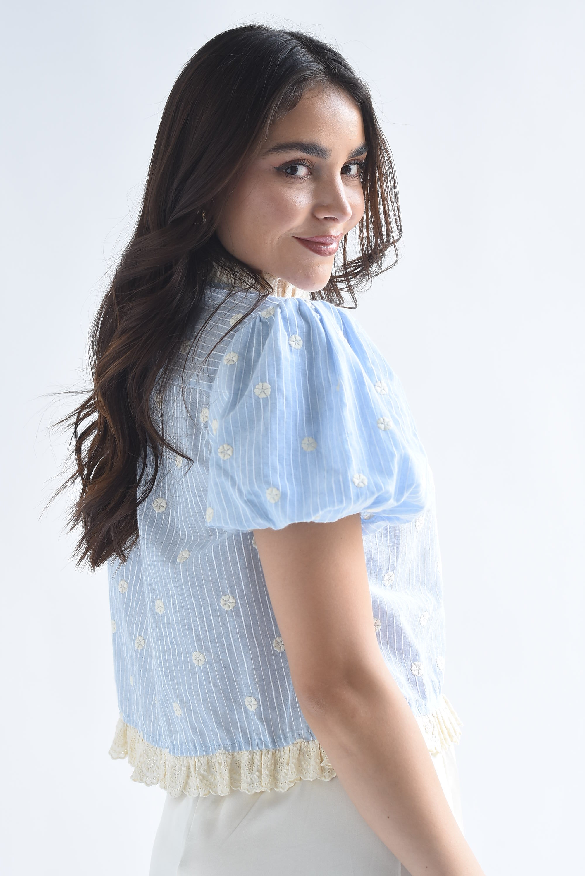 Blusa manga puffy rayas encaje