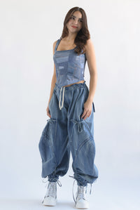 Fashion Styled Pantalón globo jaretas Denim