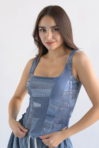 Fashion Styled Top corsetero fake Denim patchwok