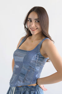 Fashion Styled Top corsetero fake Denim patchwok
