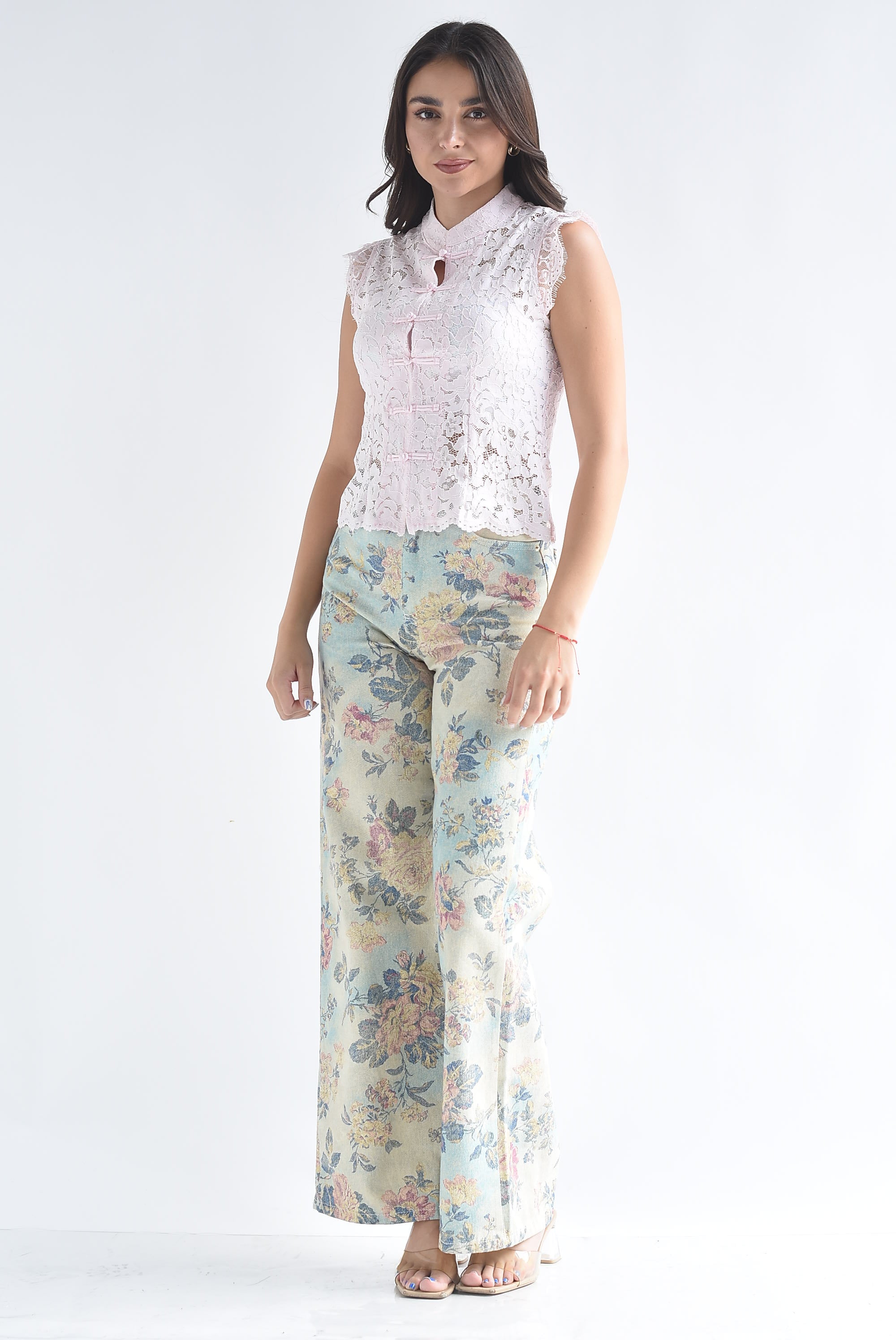 Blusa encaje manga corta lazos chinos
