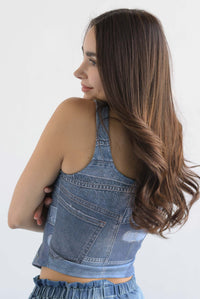 Fashion Styled Top corsetero fake Denim patchwok
