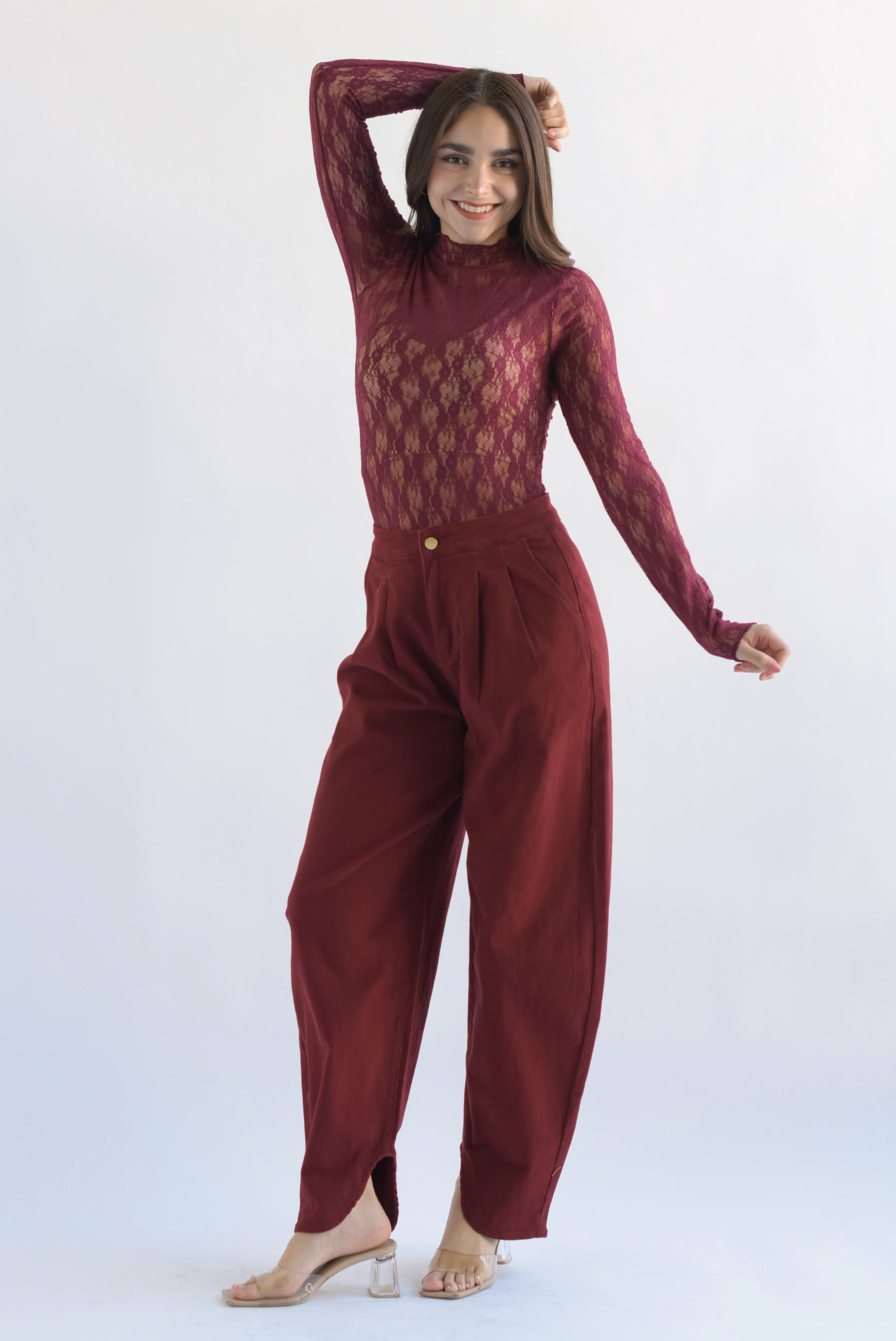 Pantalón globo pinzas Denim Vino