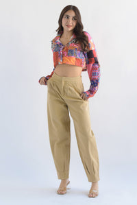 Fashion Styled Pantalón globo tobillos pinzas Denim Kaki