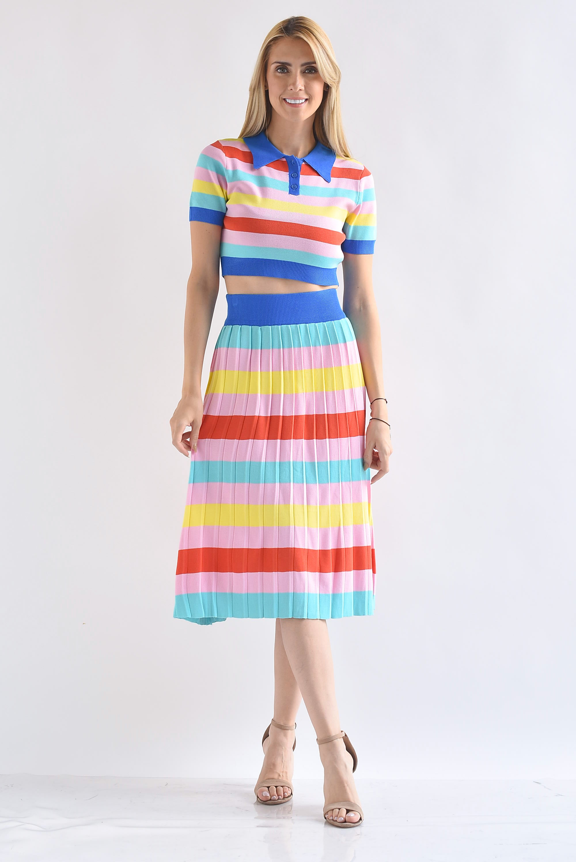 Set Falda plisada y Blusa polo punto rayas
