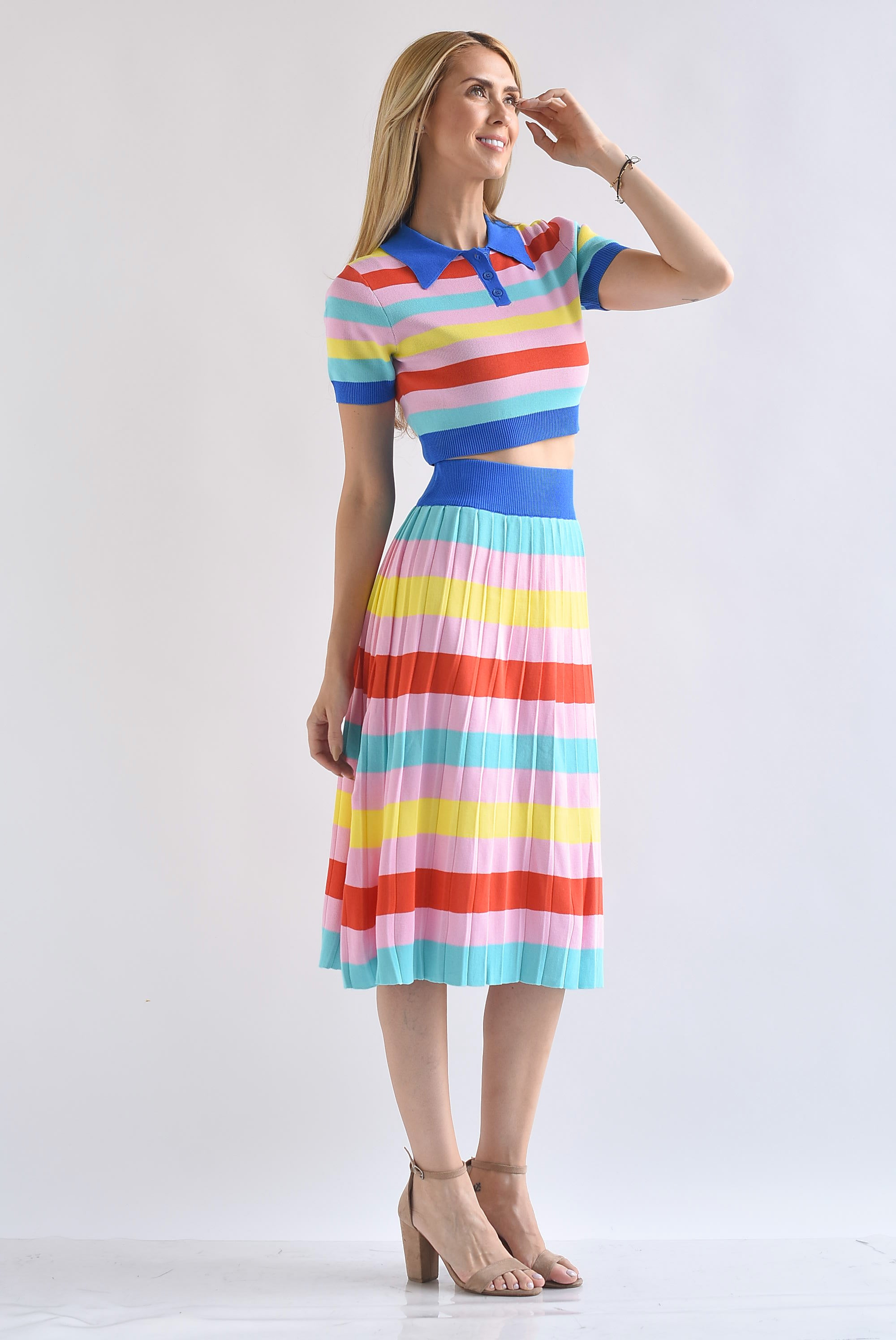 Set Falda plisada y Blusa polo punto rayas