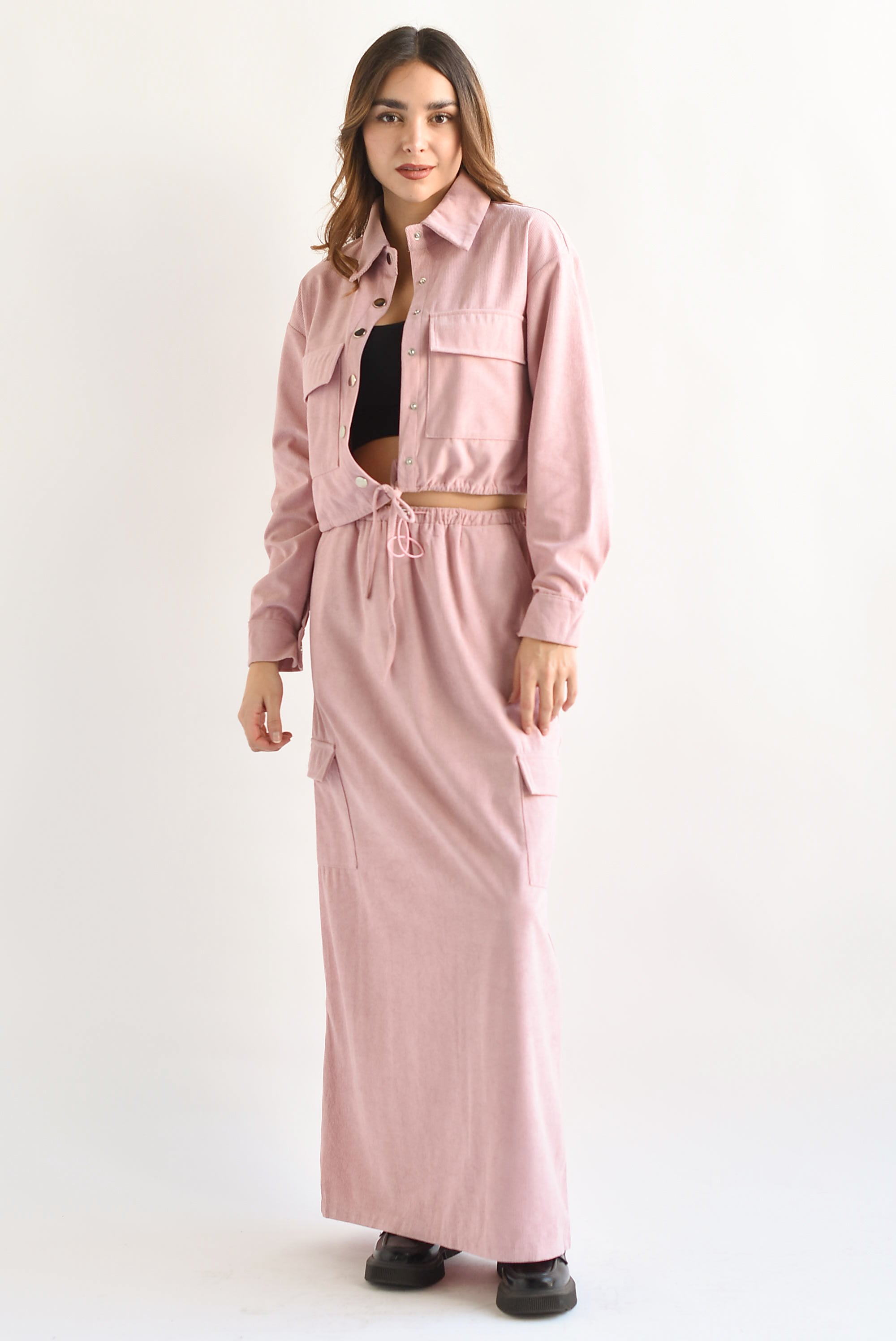 Set Falda y Chamarra cargo pana Rosa