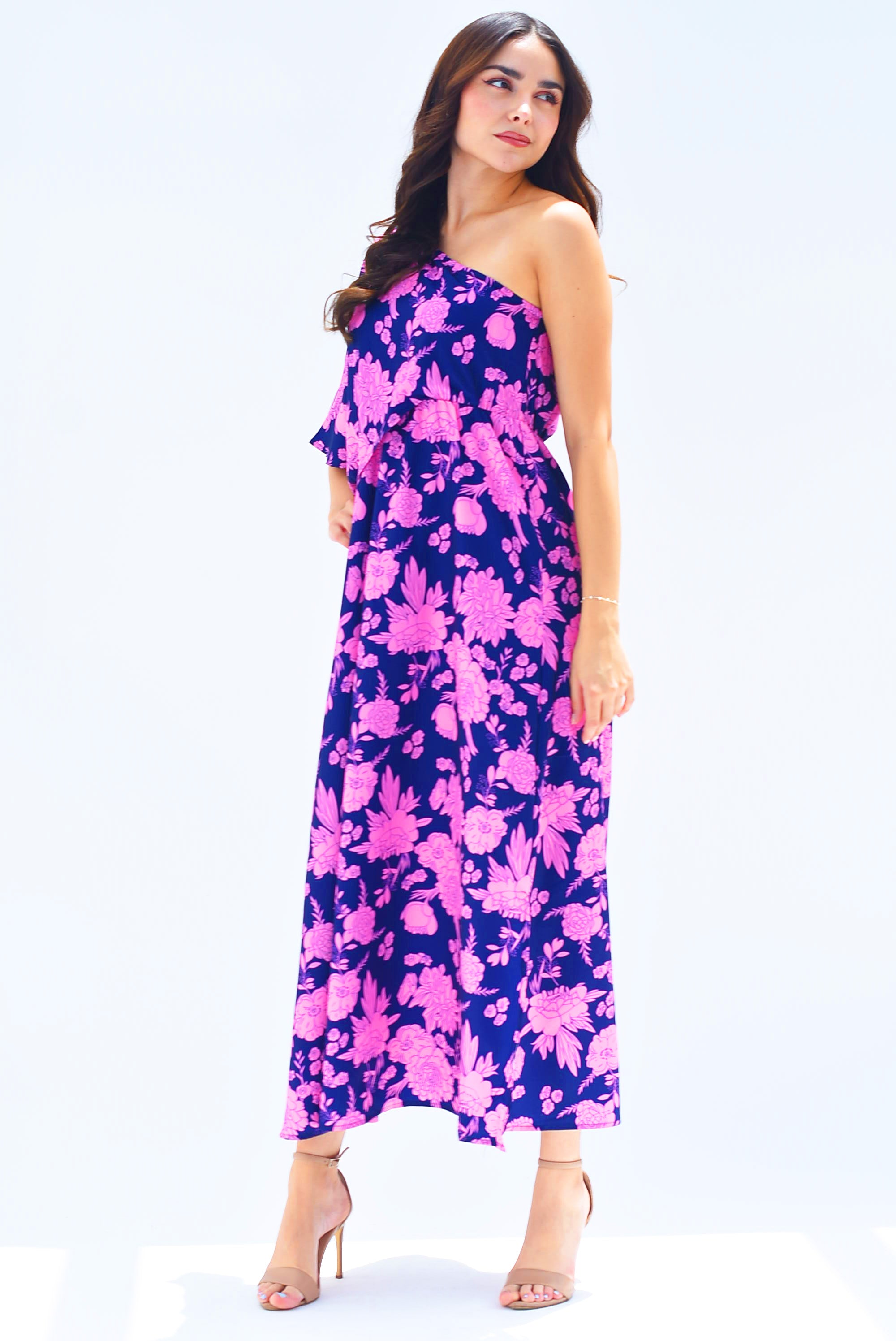 Vestido una manga Flores Rosa con Azul Marino