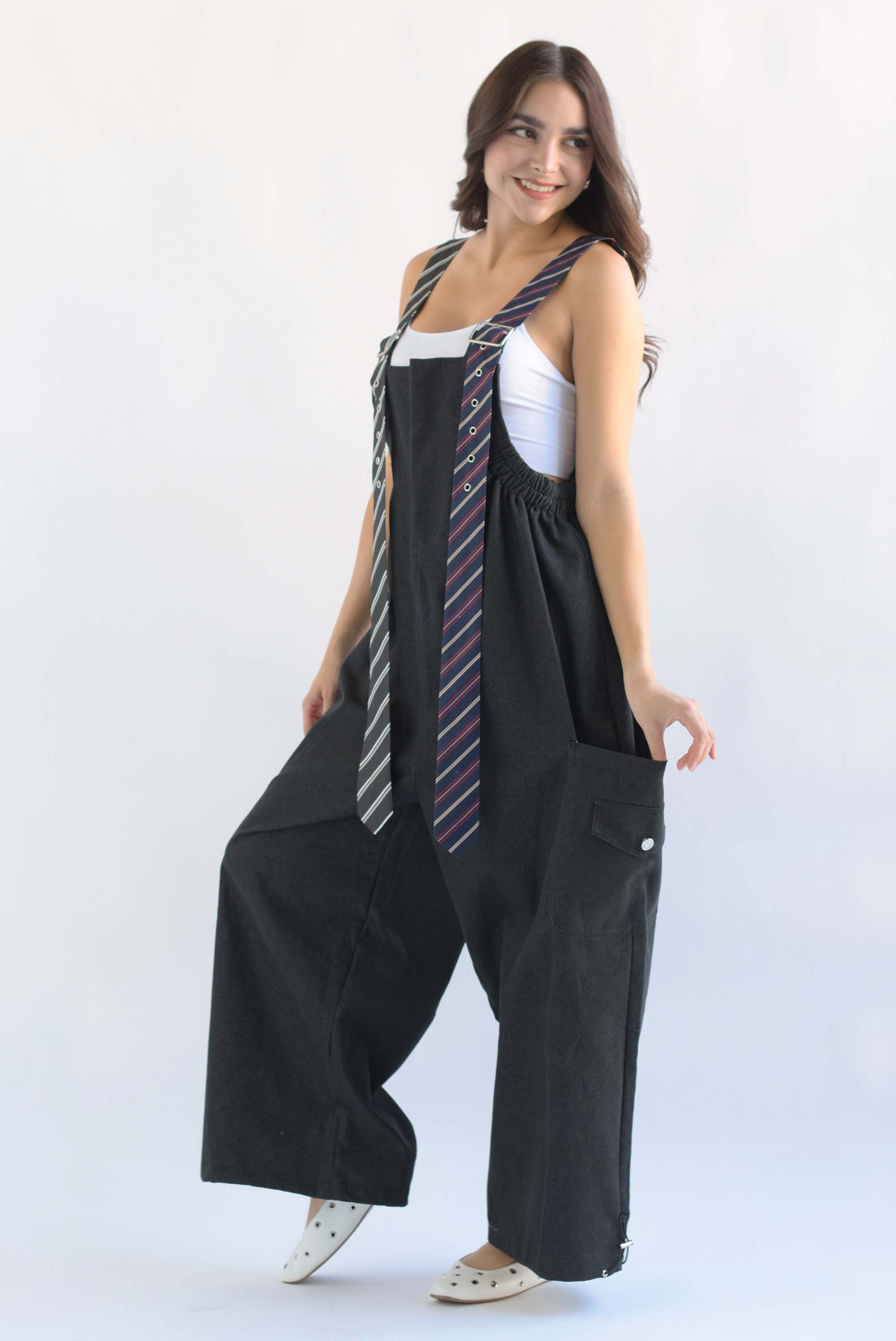 Overol Denim tirantes corbatas Negro