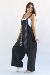 Fashion Styled Overol Denim tirantes corbatas Negro