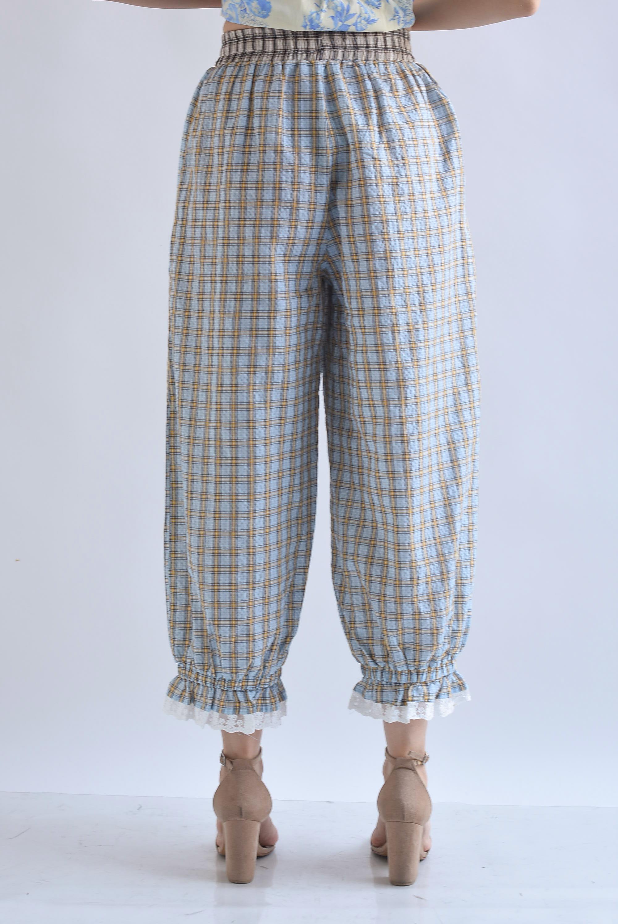 Pantalón globo cuadros olán encaje