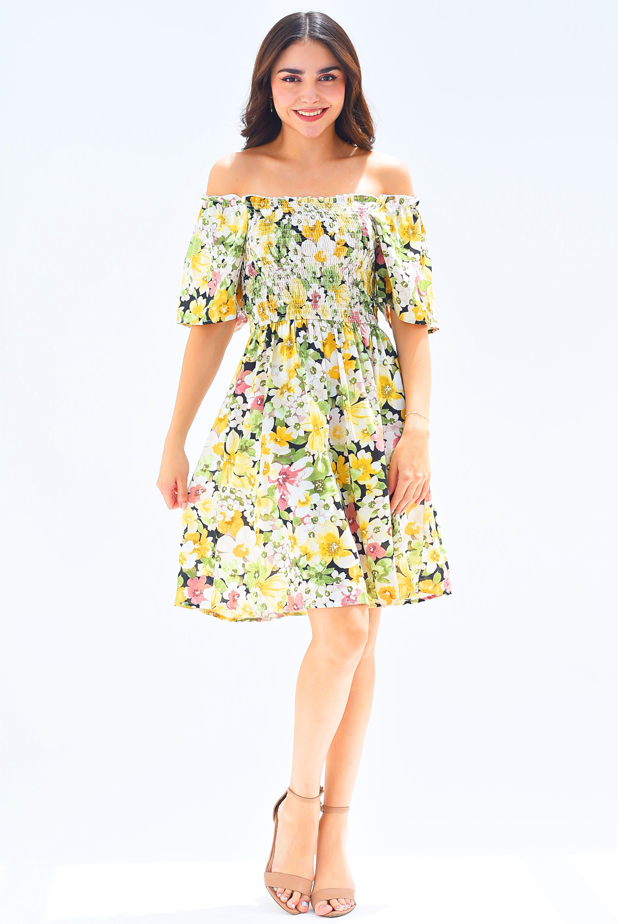 Vestido elástico floral Amarillo