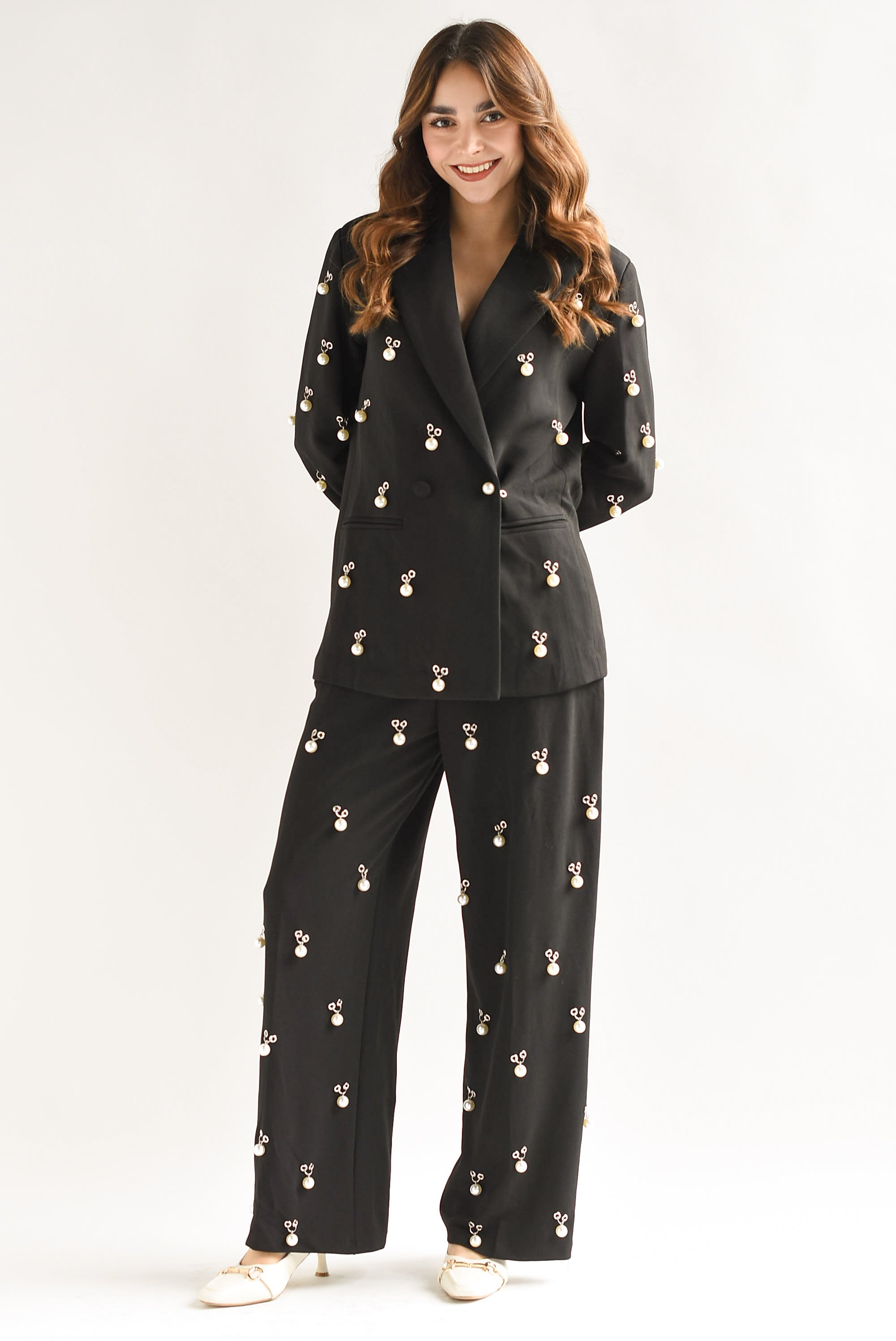 Set Pantalón y Blazer perlas chuncky Negro