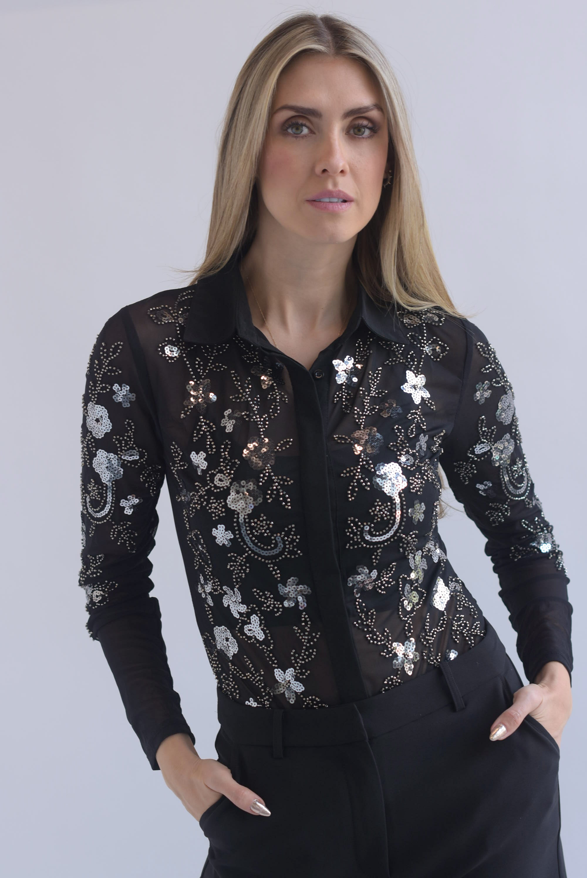 Body mesh cuello camisero flores lentejuela