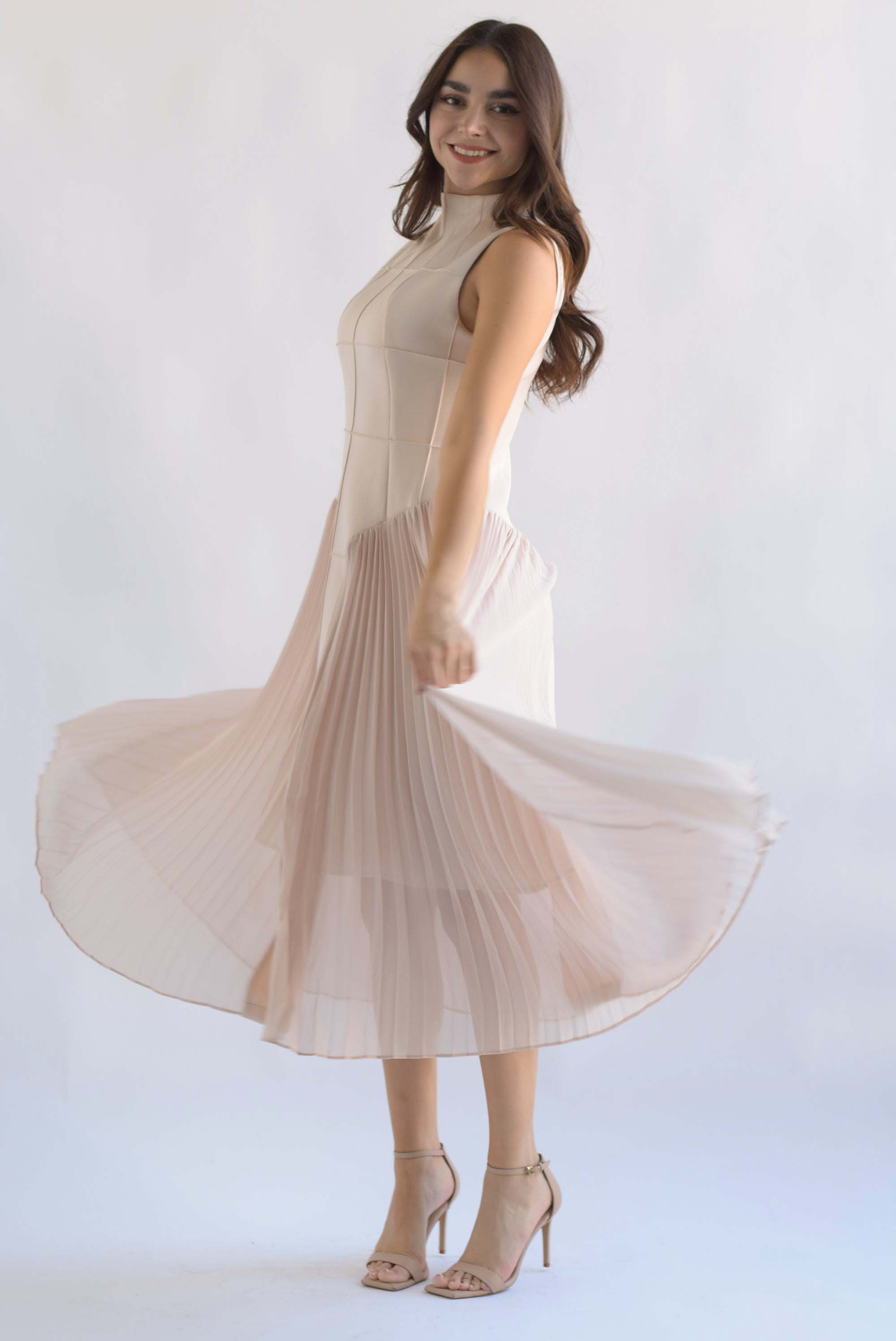 Vestido plisado torso cuadros Blush