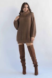 Fashion Styled Sweater dress cuello alto Café