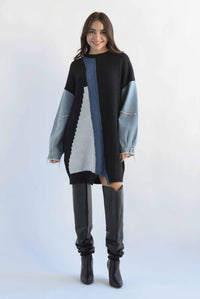 Fashion Styled Sweater dress mangas denim Negro