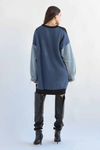 Fashion Styled Sweater dress mangas denim Negro