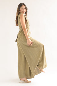 Fashion Styled Set Pantalón super wide y Chaleco largo lino Verde Olivo