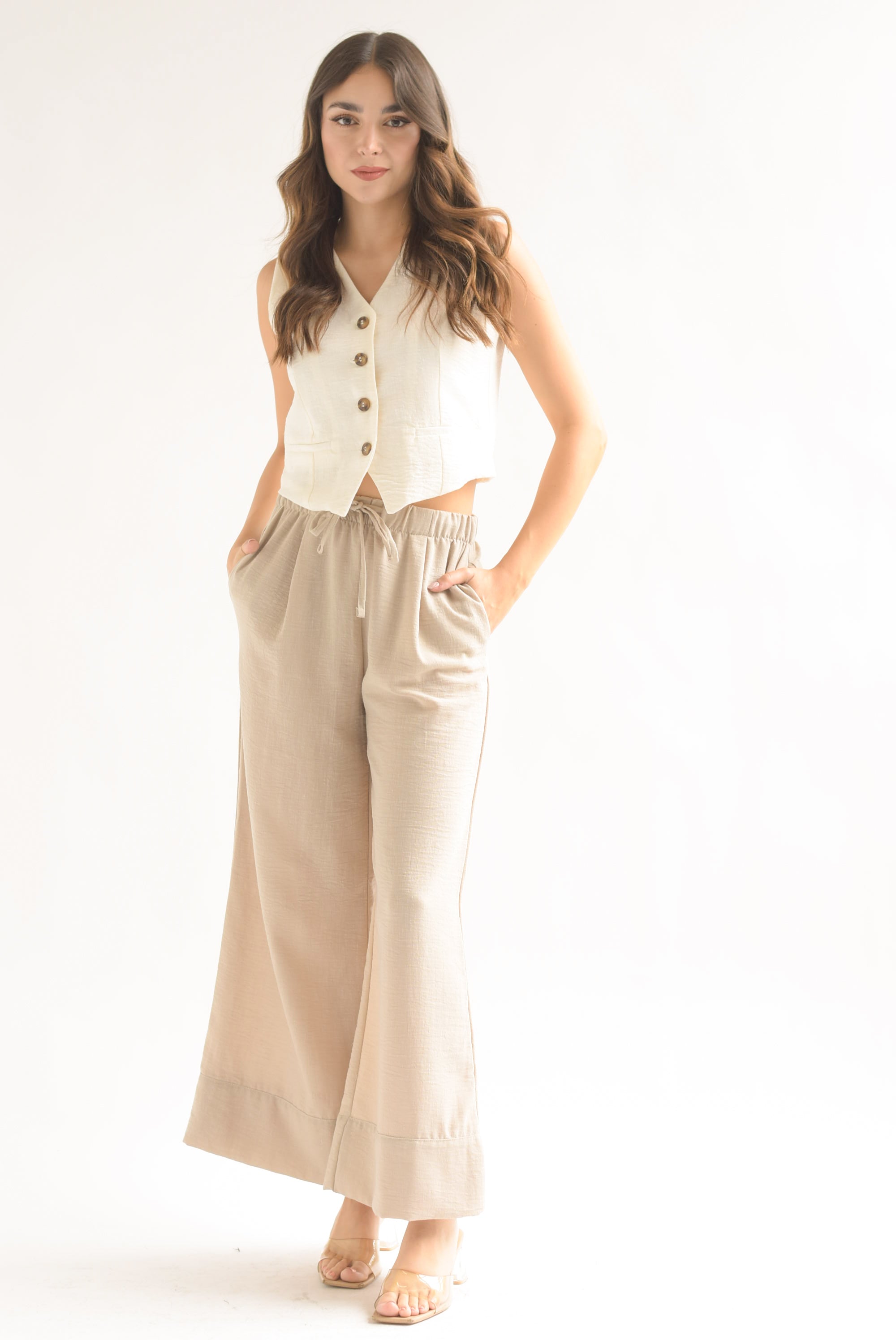 Pantalón wide simulación lino Crudo