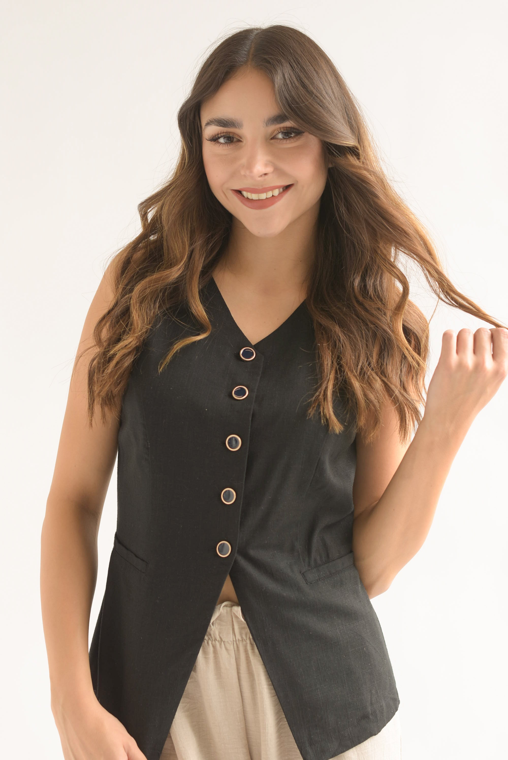 Chaleco largo simulación lino Negro