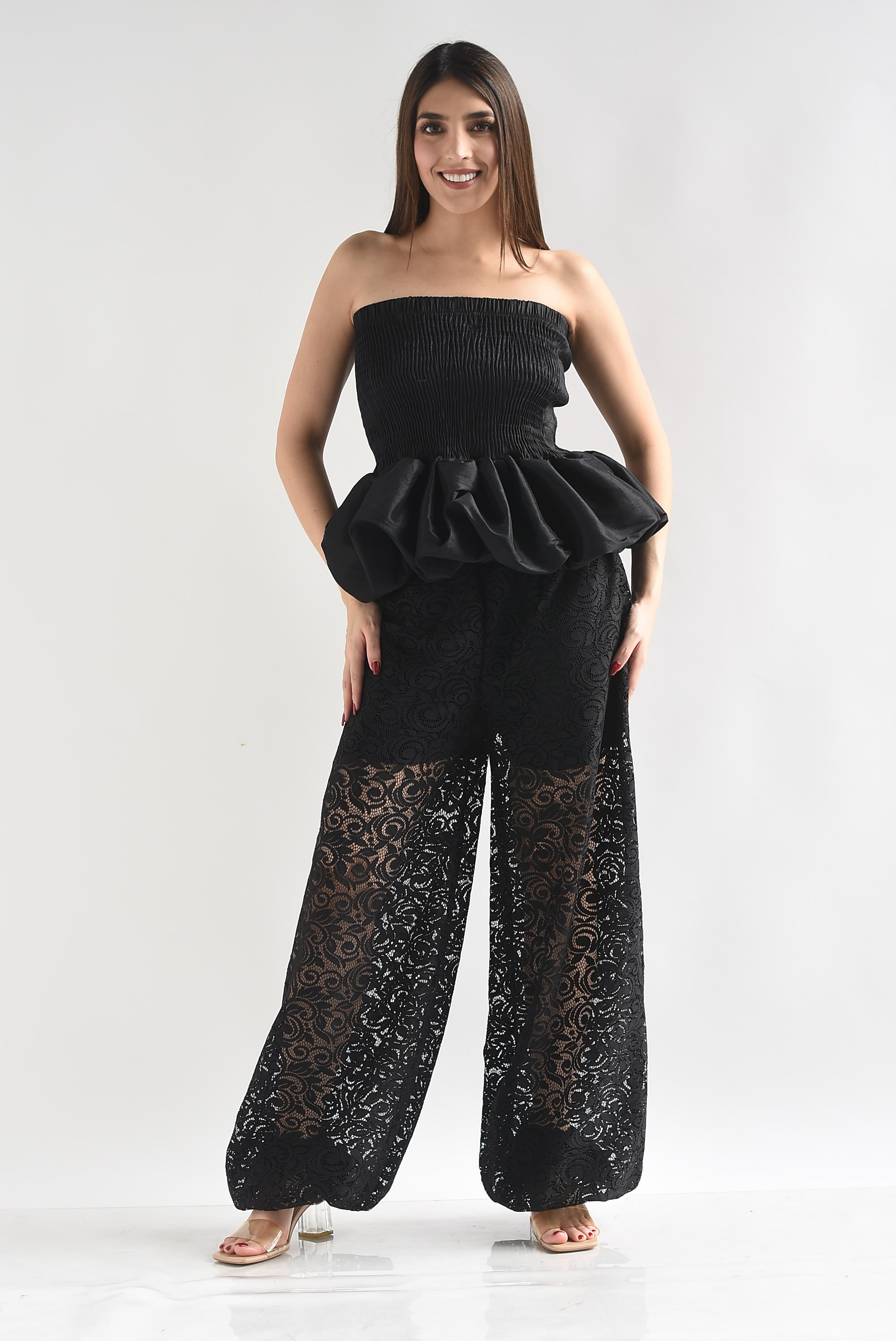 Top strapless globo peplum Negra