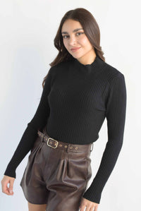 Fashion Styled Sweater canalé cuello alto Negro