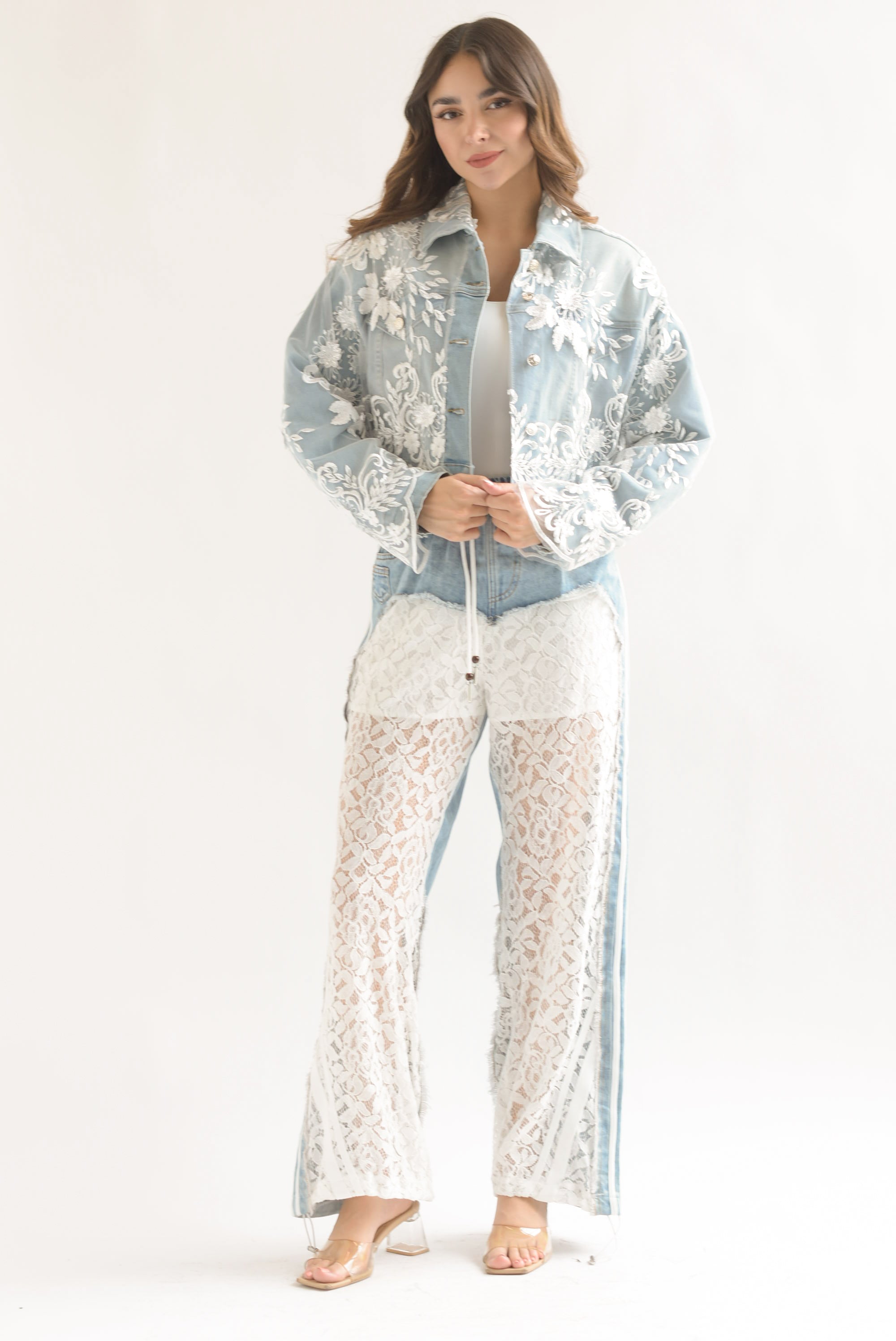 Jeans track piernas encaje Blanco