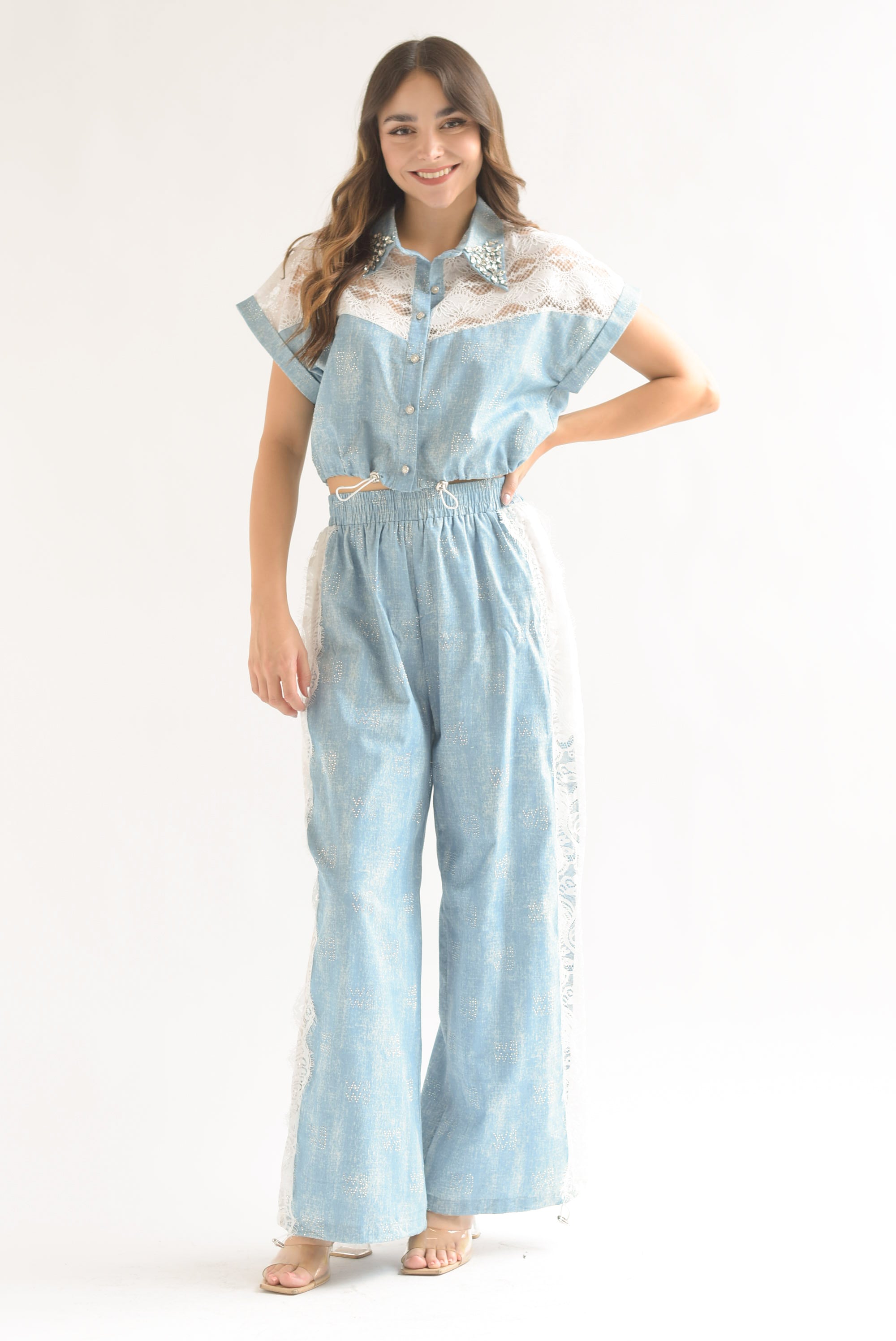 Set Pantalón y Blusa fake Denim encaje brillos
