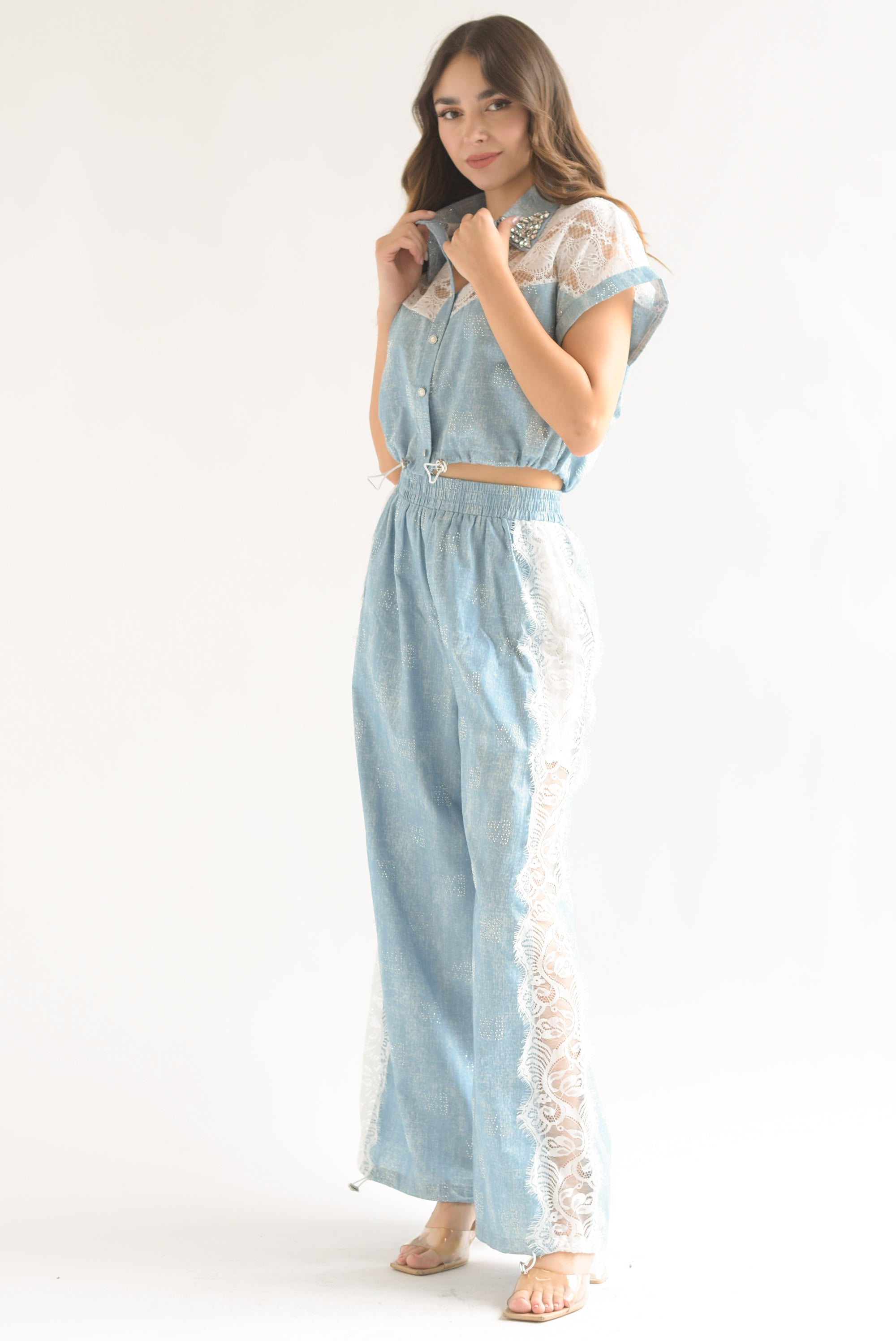 Set Pantalón y Blusa fake Denim encaje brillos