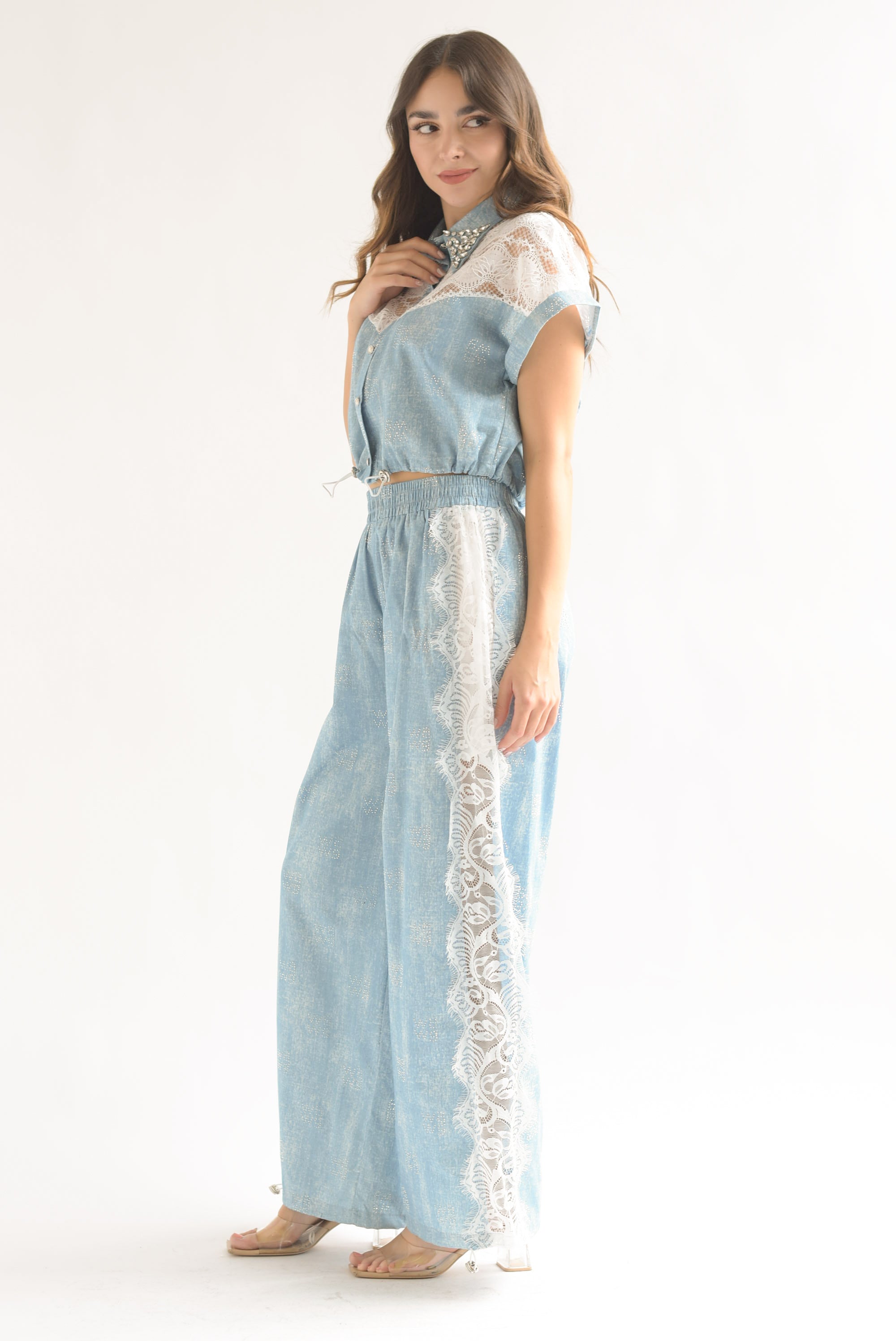 Set Pantalón y Blusa fake Denim encaje brillos