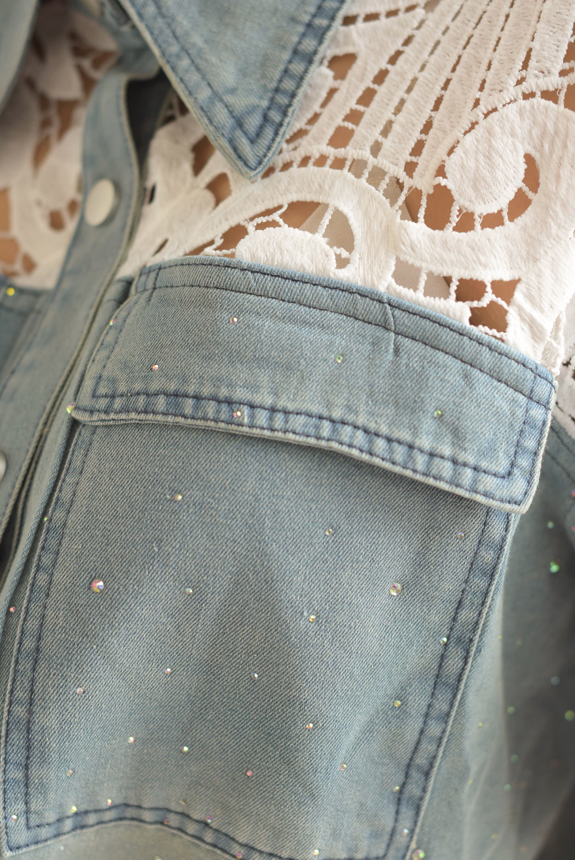 Set Pantalón track y Blusa Denim encaje brillos