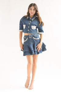 Fashion Styled Set Falda olanes y Blusa perlas Denim Dark