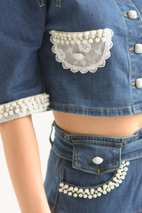 Fashion Styled Set Falda olanes y Blusa perlas Denim Dark