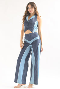 Fashion Styled Set Pantalón y Top Denim bitono
