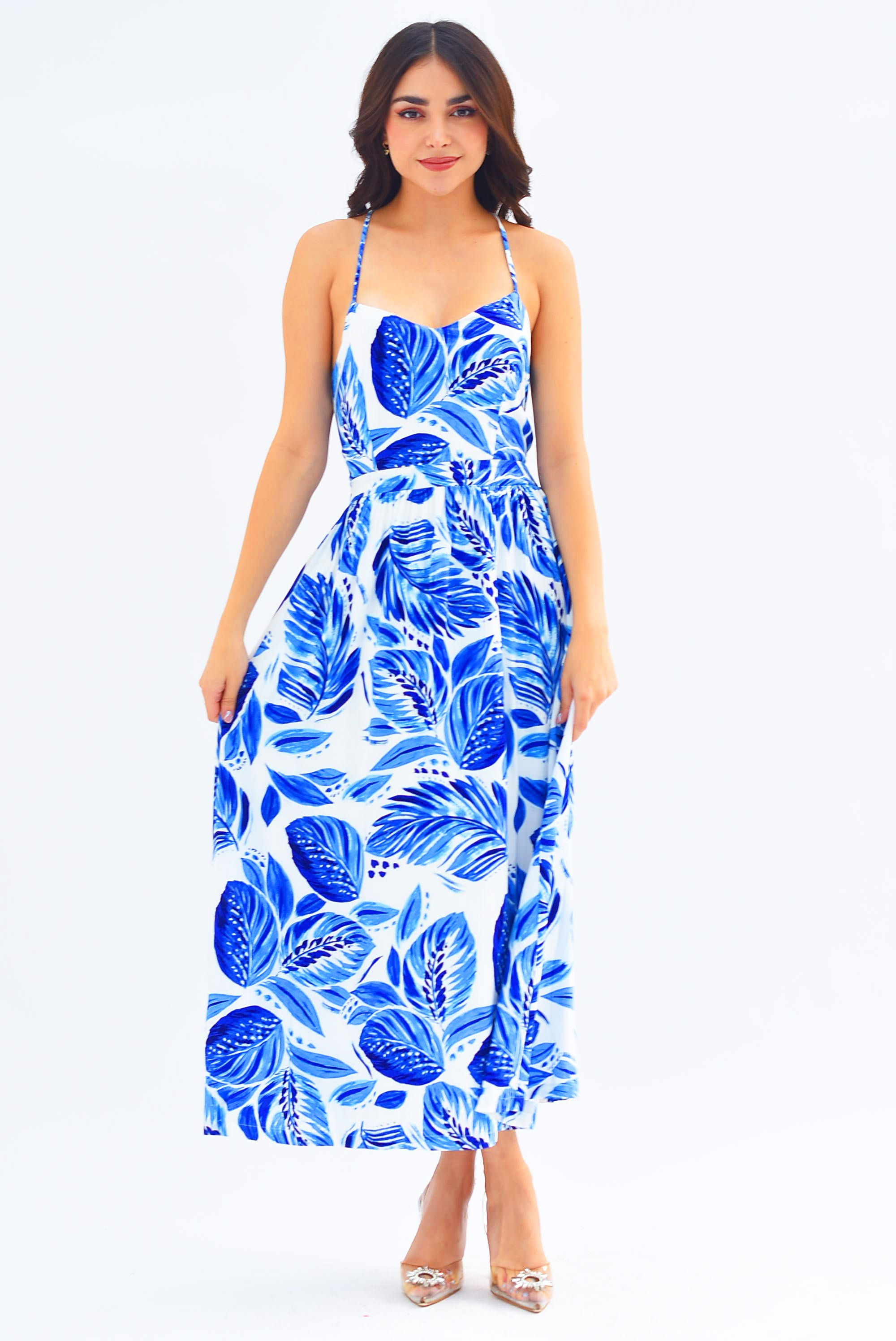 Vestido midi Hojas Blanco con Azul