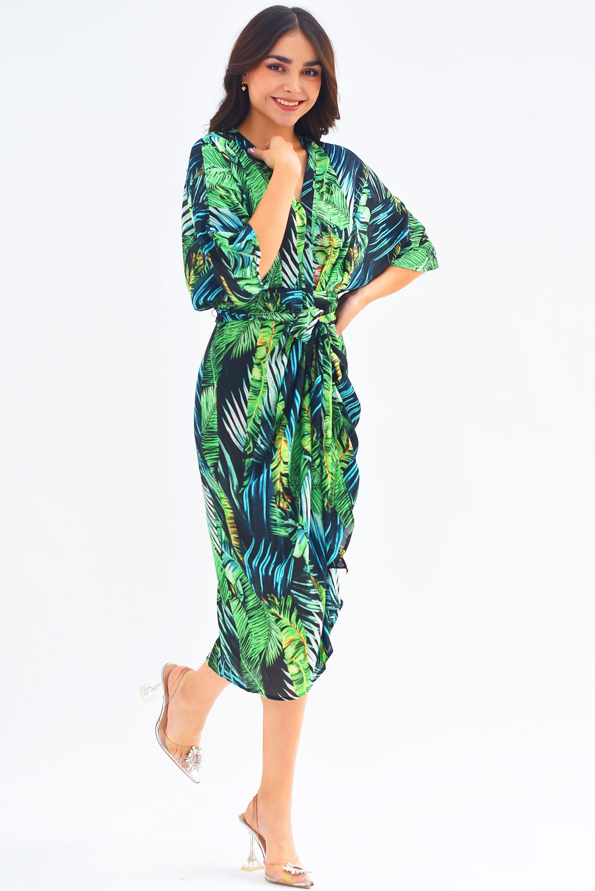 Vestido gasa drapeado Tropical