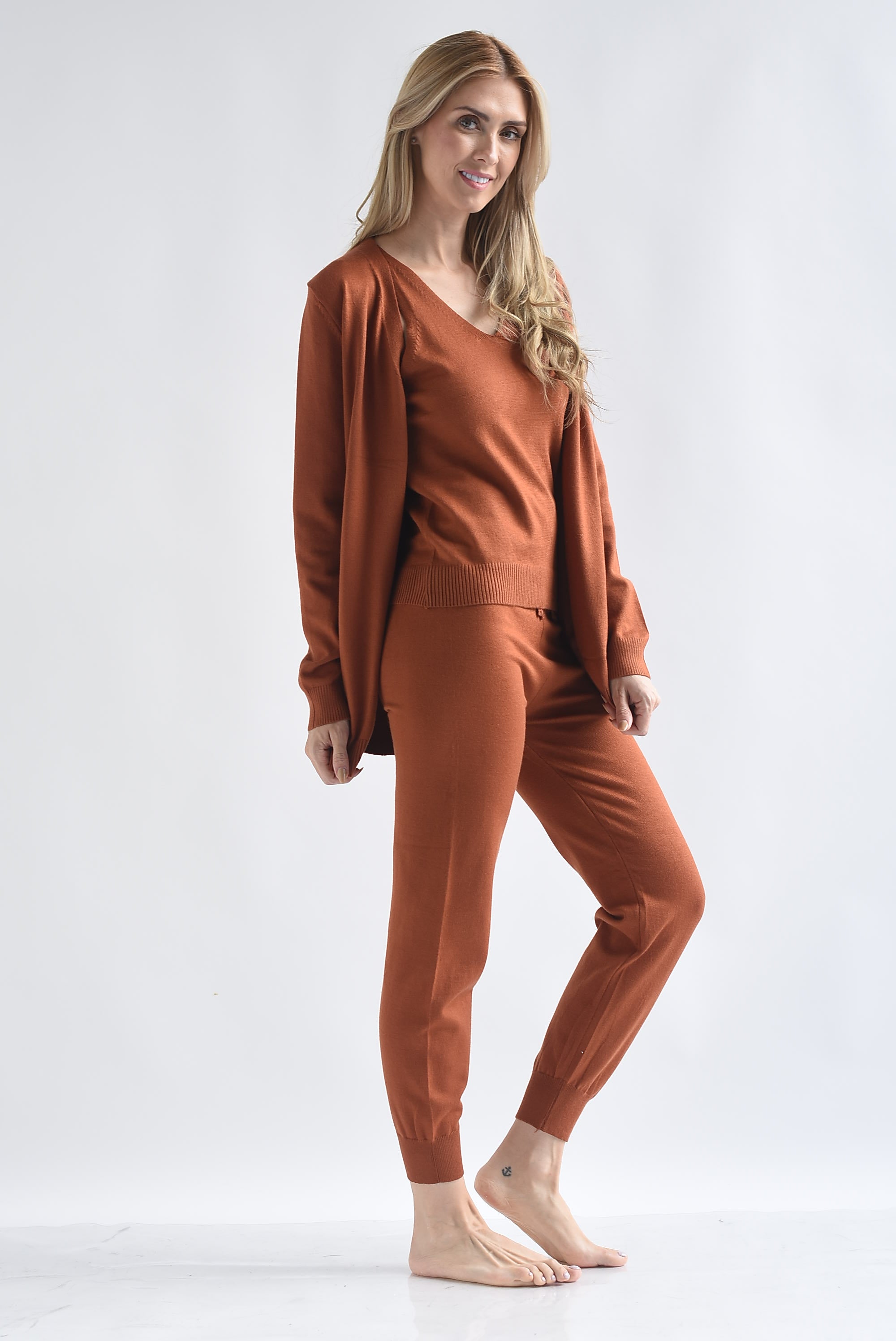 Set 3 piezas: Pantalón, Blusa y Cárdigan Camel