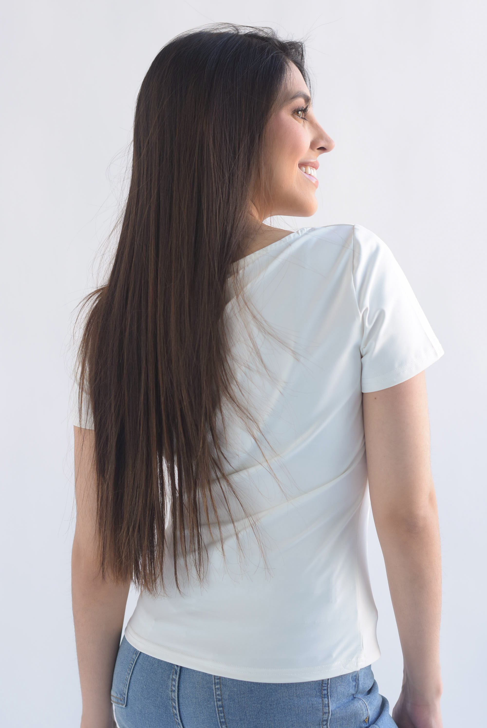 Top largo manga corta cuello cuadrado licra