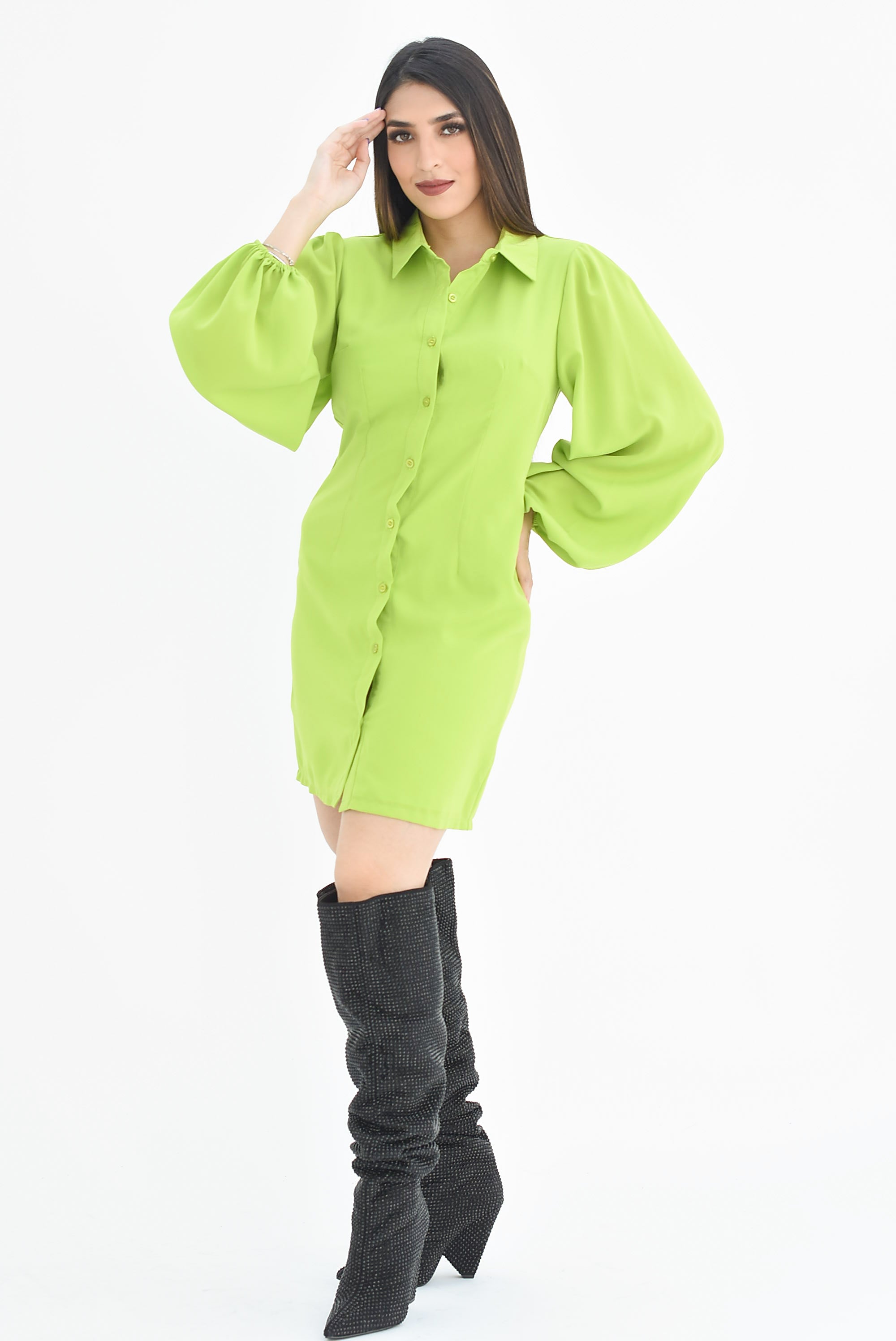 Vestido camisa manga obispo Lime