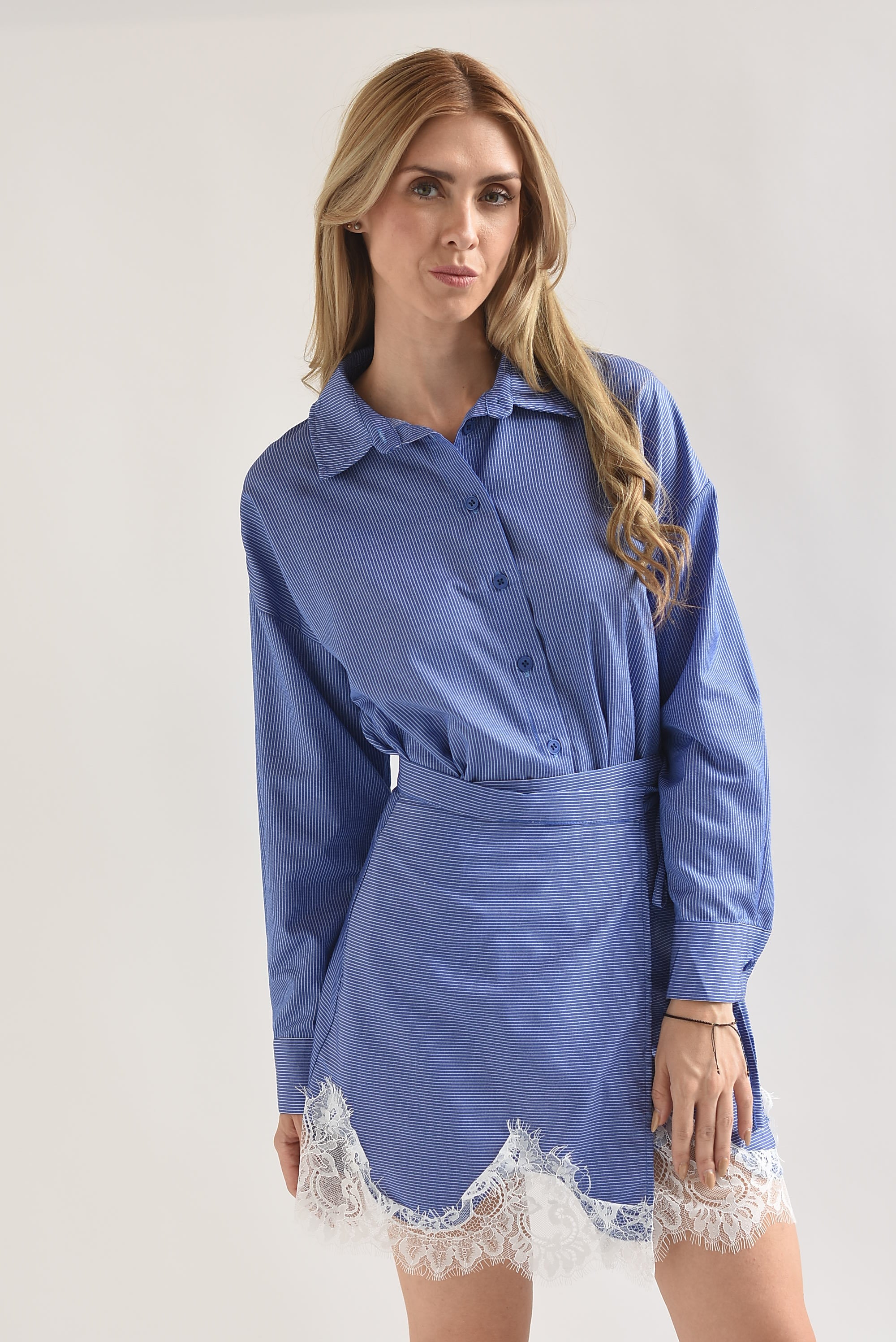Vestido Camisa rayas encaje con faldón
