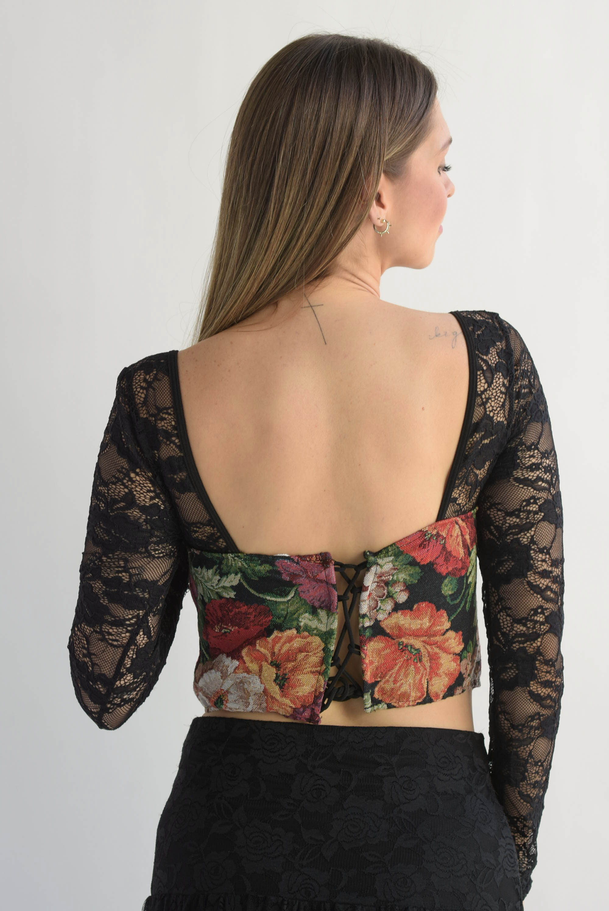 Corset flores tapiz manga encaje Negro