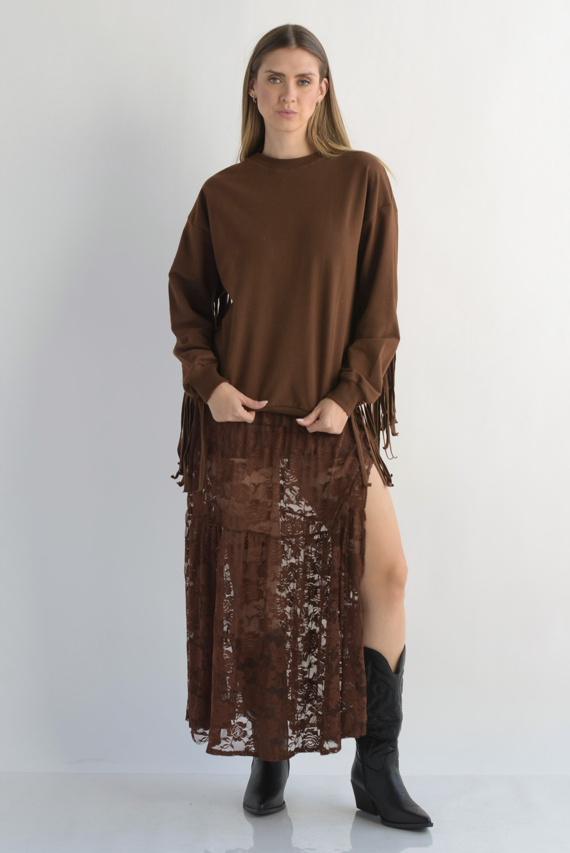 Sudadera flecos cowboy Café